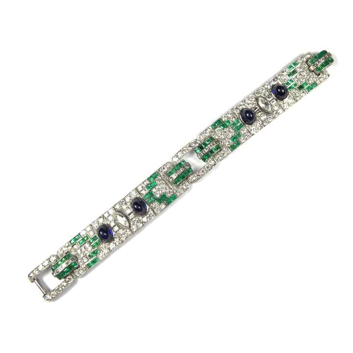 Diamond, emerald and cabochon sapphire strap bracelet